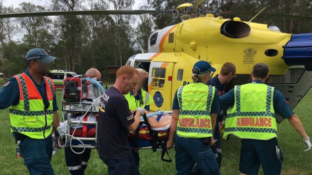 A man in his mid-fifties was left in a critical condition after hitting a guard rail at Mooloolah Valley on Saturday.