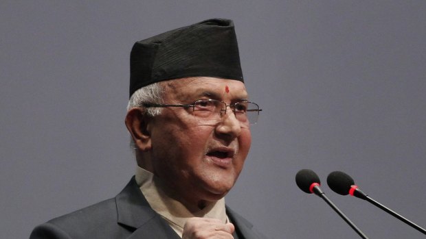 Mr Oli, chairman of the Communist Party of Nepal (Unified Marxist-Leninist) addresses the parliament before being appointed as the new Prime Minister, in Kathmandu on Sunday. 