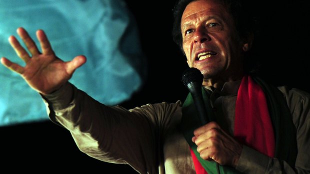 Pakistani cricketer-turned politician Imran Khan addresses supporters at an anti-government protest last year.