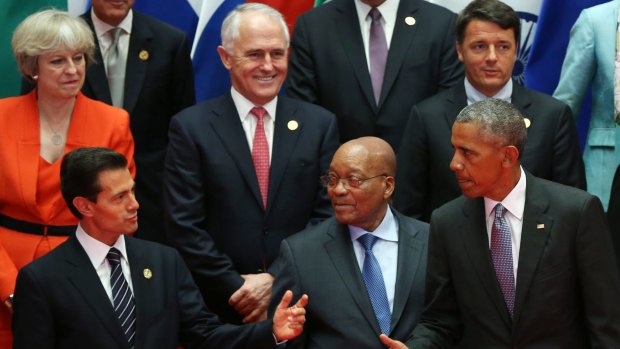 From left: British PM Theresa May, Malcolm Turnbull, Italian PM Matteo Renzi, Mexican President Enrique Pena Nieto, South African President Jacob Zuma, and US President Barack Obama at the G20 Summit in Hangzhou.