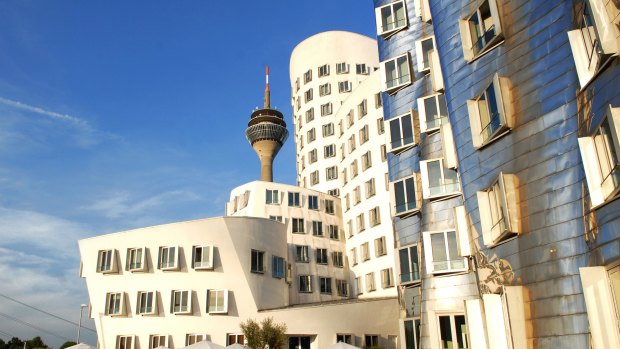 Gehry buildings and the Rhine Tower.