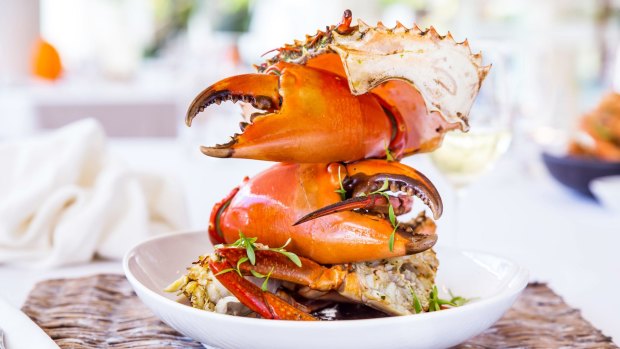 Mud crab is served with a bib and finger bowl at Noosa Beach House.