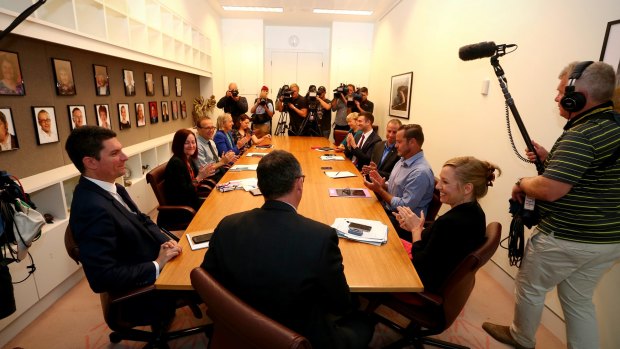 Greens leader Richard Di Natale addresses the party room at Parliament House in Canberra last year.