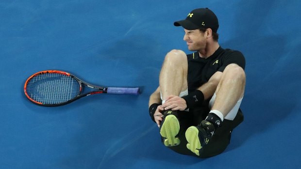 Andy Murray grimaces after rolling his ankle. 