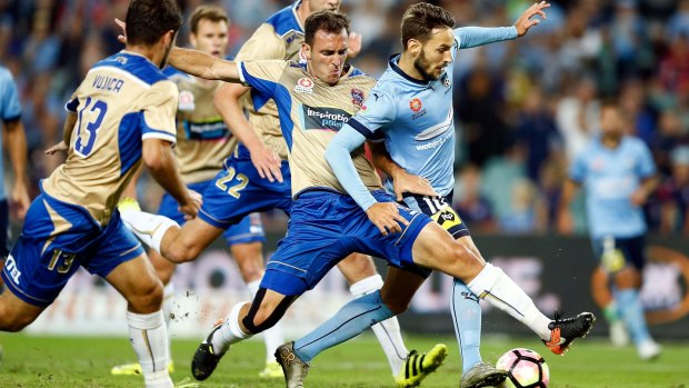 Crocked: Milos Ninkovic suffered an ankle injury in a rough tackle by Newcastle's Ben Kantarovski in the final round of the regular season.