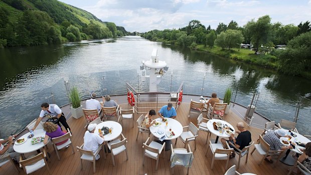 Enjoying lunch on the deck of a Viking river ship.