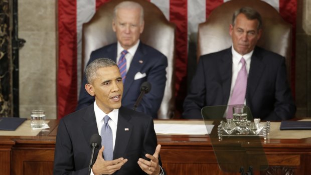 Barack Obama gives his State of the Union in 2015 as Vice-President Joe Biden and House speaker John Boehner listen. 