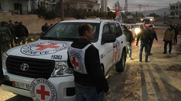 A convoy containing food, medical items, blankets and other materials reaches Madaya on Monday. The town has been blockaded for months by government troops and the Lebanese militant group Hezbollah. 