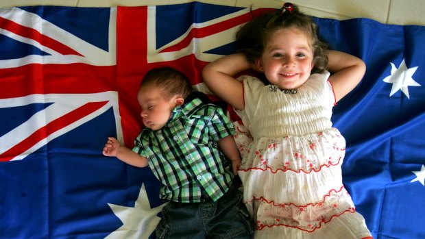 Little Kane Marais was seven weeks old when his sister Sienna, 3, and parents became citizens of Australia. The children's parents came to Australia to provide their family with a better life.