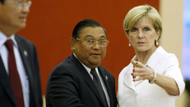 Australian Foreign Minister Julie Bishop greets Myanmar's Foreign Minister Wunna Maung Lwin at the ASEAN talks in Kuala Lumpur on Wednesday.
