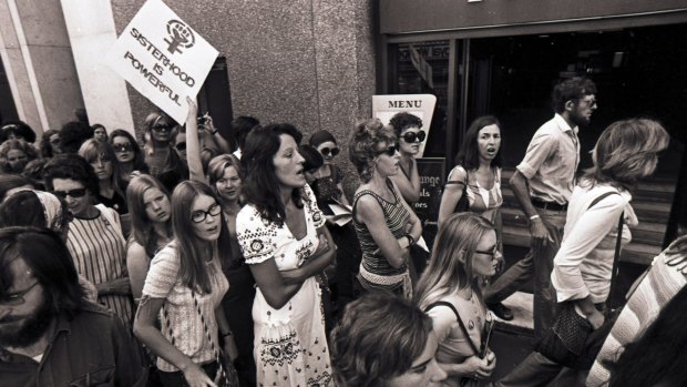 Germaine Greer takes part in a Women's Liberation march in Sydney in 1972.

