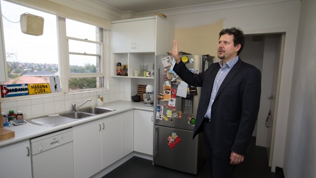 NEWS: Cremorne. Mathias Royce at his cremorne apartment that he is planning to renovate but hasn't started yet as he has only just been given approval. Story: NSW may now be the most expensive state for home renovations, but it is still cheaper than buying a new home. low interest rates and declining property prices mean more homeowners will focus on renovating their properties rather than purchasing new ones. Photo by Edwina Pickles. 9th May 2016.