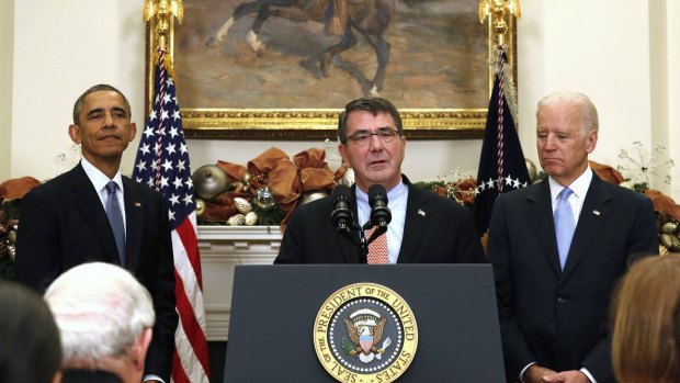 Ashton Carter (centre) speaks after US President Barack Obama announced that Carter will be his choice to replace outgoing US Secretary of Defence Chuck Hagel while in the Roosevelt Room of the White House in Washington. 