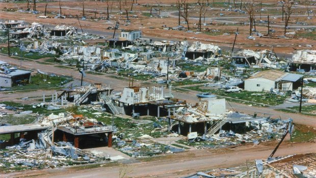 Houses and trees destroyed by the force of Cyclone Tracy.