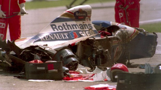 Tragic: The shattered car of Ayrton Senna after his fatal crash at Imola.