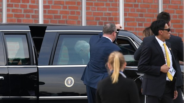 Australian Prime Minister Malcolm Turnbull can be seen entering US President Donald Trump's car, known as the 'Beast' in Hamburg  on Friday.