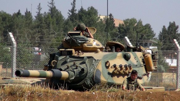 A Turkish army tank stationed near the Syrian border in Suruc earlier this month.