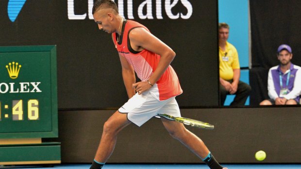 Inbetweener: Nick Kyrgios attempts a trick shot against Uruguayan Pablo Cuevas.