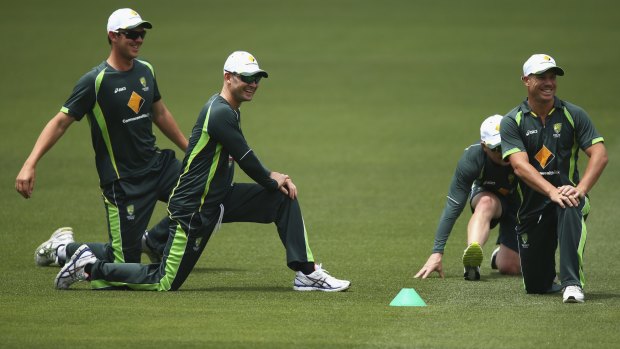 Josh Hazlewood, Michael Clarke and David Warner train during a nets session in Adelaide earlier this month. 