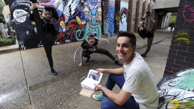 Filmmaker Oliver Levi-Malouf, 16, of Hackett, on
location at the ANU with three dancers featuring in his film, <i>Magic
Man</i>. From left, Mikayla Brady, 14, of Macarthur, Kassidy Young, 17, of
Holder and Melissa Fawke 16 of Spence.