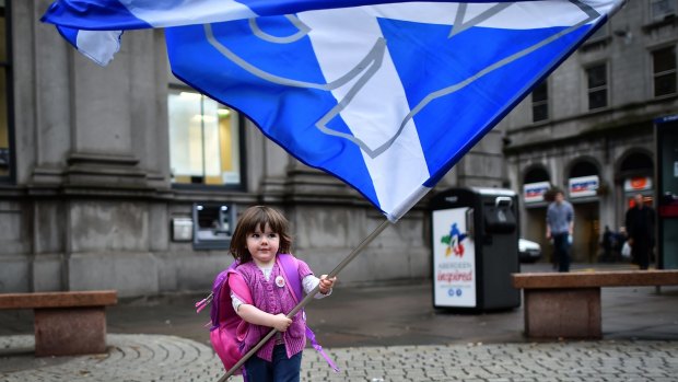 A child plays with a pro-independence 'Yes' flag on the streets of Aberdeen in Scotland, ahead of the referendum on Scotland's independence. 