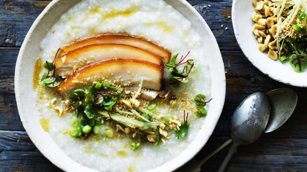 Pork belly congee with ginger and soy.