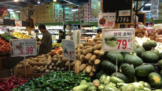 Fresh produce in abundance at a Korean supermarket in Koreatown, Los Angeles.