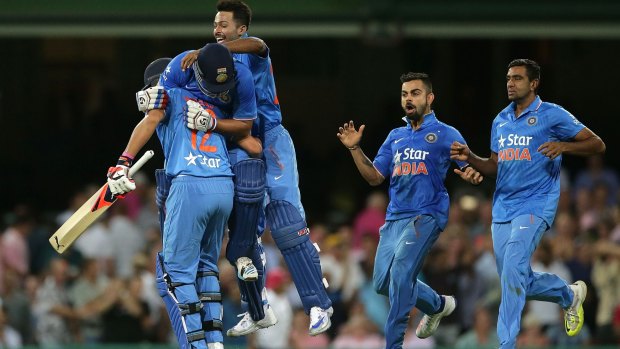 Sheer joy: Indian players celebrate their last ball win.