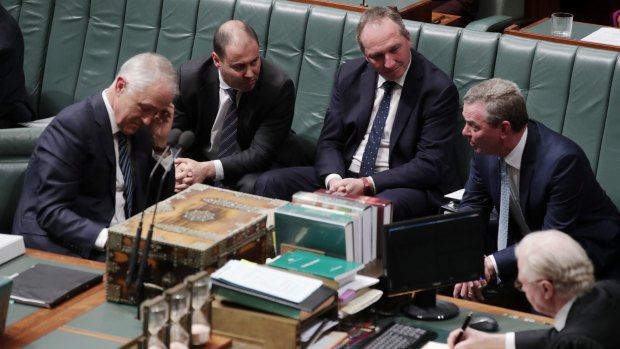 Deputy Prime Minister Barnaby Joyce with Prime Minister Malcolm Turnbull, Josh Frydenberg and leader of the House Christopher Pyne during question time on Monday.