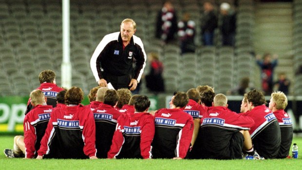 Malcolm Blight, St Kilda coach, talks to his players before the start of play during round 10 of the AFL season 