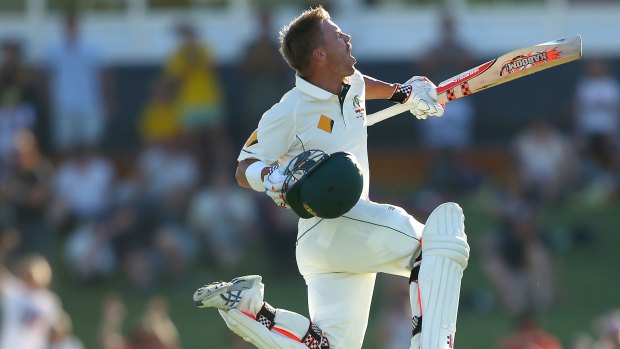Two hundred and counting: David Warner celebrates after reaching his double century.
