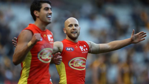 Shining: Gold Coast's Gary Ablett celebrates on the siren after the Suns defeated the Hawks in round 12.