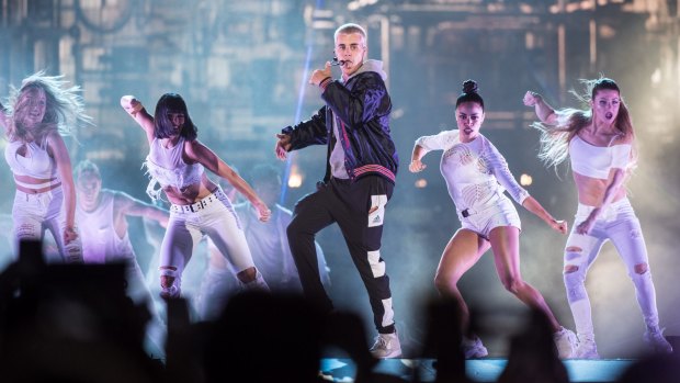 Brings a show: Bieber on stage in Sydney. 