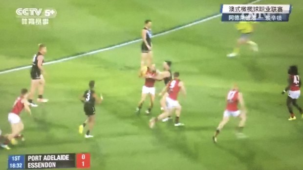 Port Adelaide's runaway victory against Essendon was broadcast on China's CCTV5+, a digital offshoot of the national broadcaster's main sports channel.