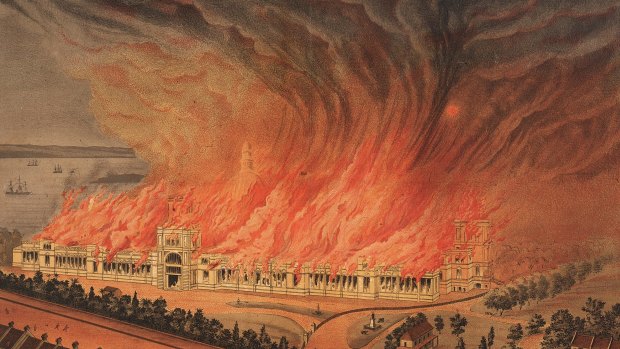 A lithograph depicting the burning of the Garden Palace on September 22, 1882.
