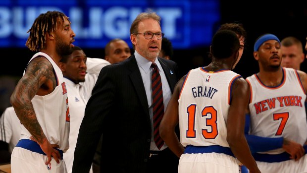 Interim appointment: Head coach Kurt Rambis talks to his of the New York Knicks team during a timeout in April.