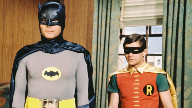 Adam West and Burt Ward in costume as the 'Dynamic Duo',