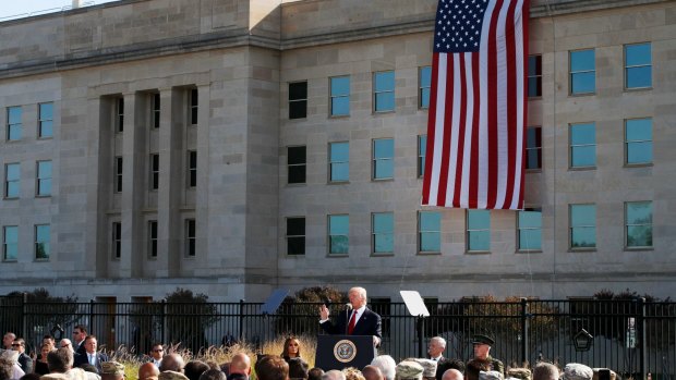 The Pentagon, draped in a US flag, as President Donald Trump speaks on September 11.