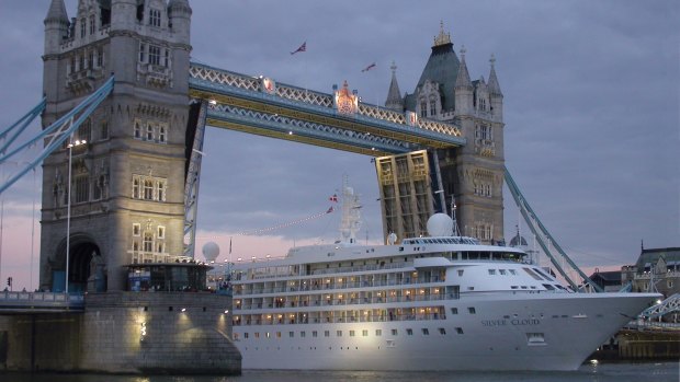 Silver Cloud under the Tower Bridge in London.