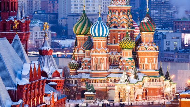 St.Basil Cathedral at Red Square in Moscow from top of the Ritz-Carlton hotel.