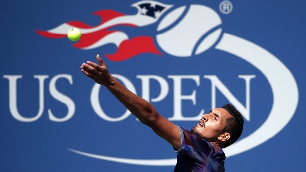 Nick Kyrgios serves during the first round of the US Open on Wednesday.
