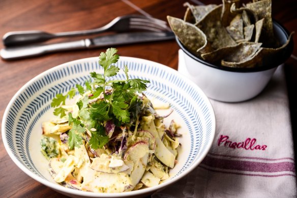 Coconut ceviche with blue corn chips features on Priscillas' veg-focused menu.