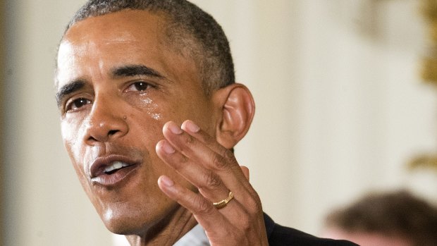 President Barack Obama sheds tears on Tuesday while talking about steps his administration is taking to reduce gun violence. 
