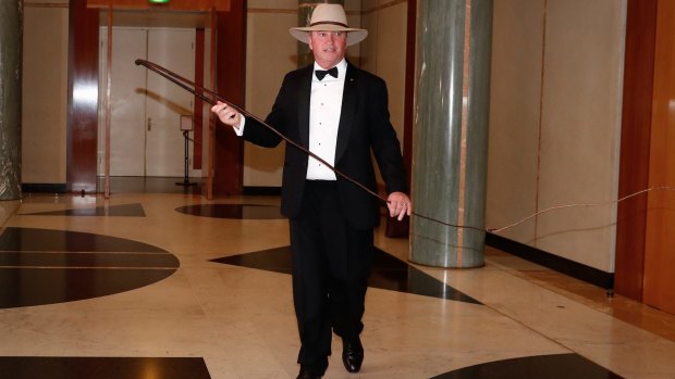 Deputy Prime Minister Barnaby Joyce cracks the whip as he arrives for the Midwinter Ball at Parliament House on Wednesday night.