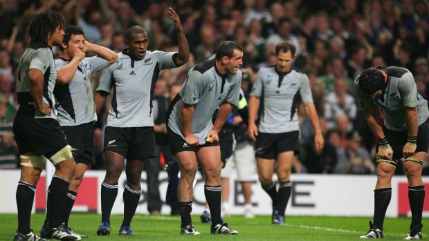 Early exit: The New Zealand players are dejected following defeat in the 2007 World Cup quarter-final against France.