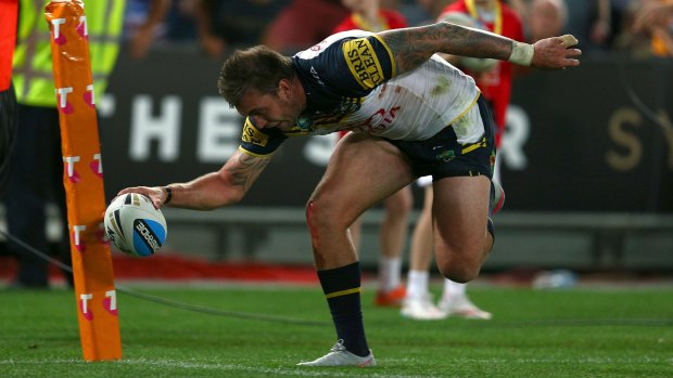 Kyle Feldt scores for the Cowboys in their 2015 grand final victory over the Broncos.