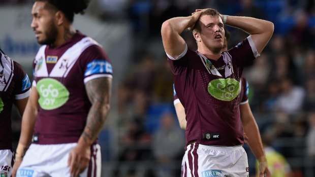 'Up against it': Jake Trbojevic looks skyward in exasperation during his side's loss to the Titans.