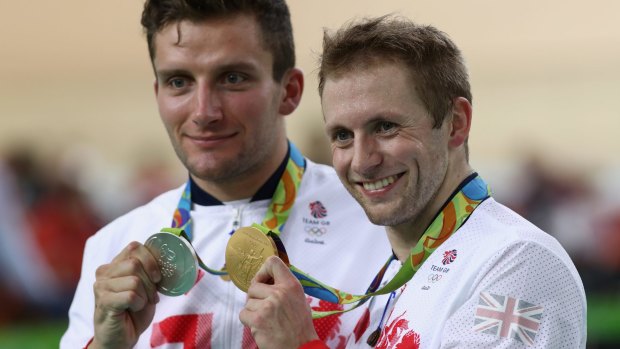 The velodrome: Silver medalist Callum Skinner of Great Britain and gold medalist Jason Kenny of Great Britain.