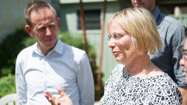 The Greens' Caroline Le Couteur, likely to be elected, with Shane Rattenbury at a Greens celebration in Reid on Sunday.