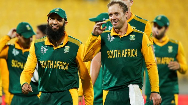 Hashim Amla (L) and AB de Villiers of South Africa are all smiles after beating the United Arab Emirates. 